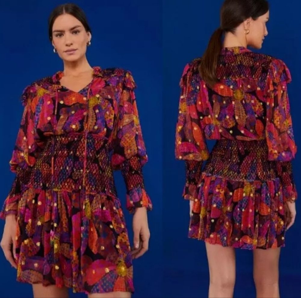 New Farm Rio Heart Daisy Fairy Whimsy Ruffled Long Sleeve Colorful Dress Size M - Picture 9 of 13